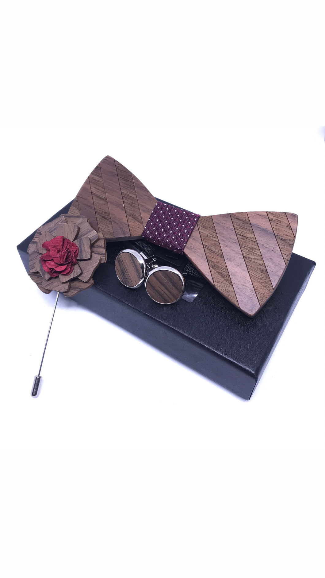 Accesorio Juego Corbata de Madera y gemelos de madera Rojo , pin de solapa y broche en flor en descuento